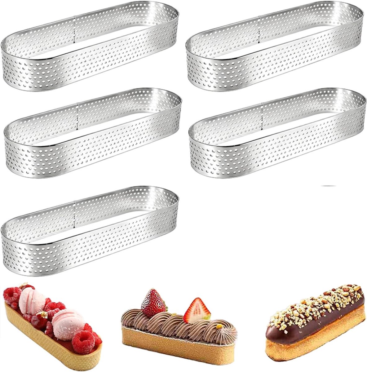 5 stuks ovale taartvormen van 304 roestvrij staal - geperforeerde taartvormen voor mousse, quiches en Franse desserts,zilver,11*3*2cm