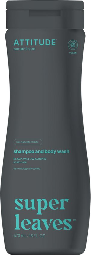 Grijze fles met opdruk in het groen en wit voor shampoo en body wash