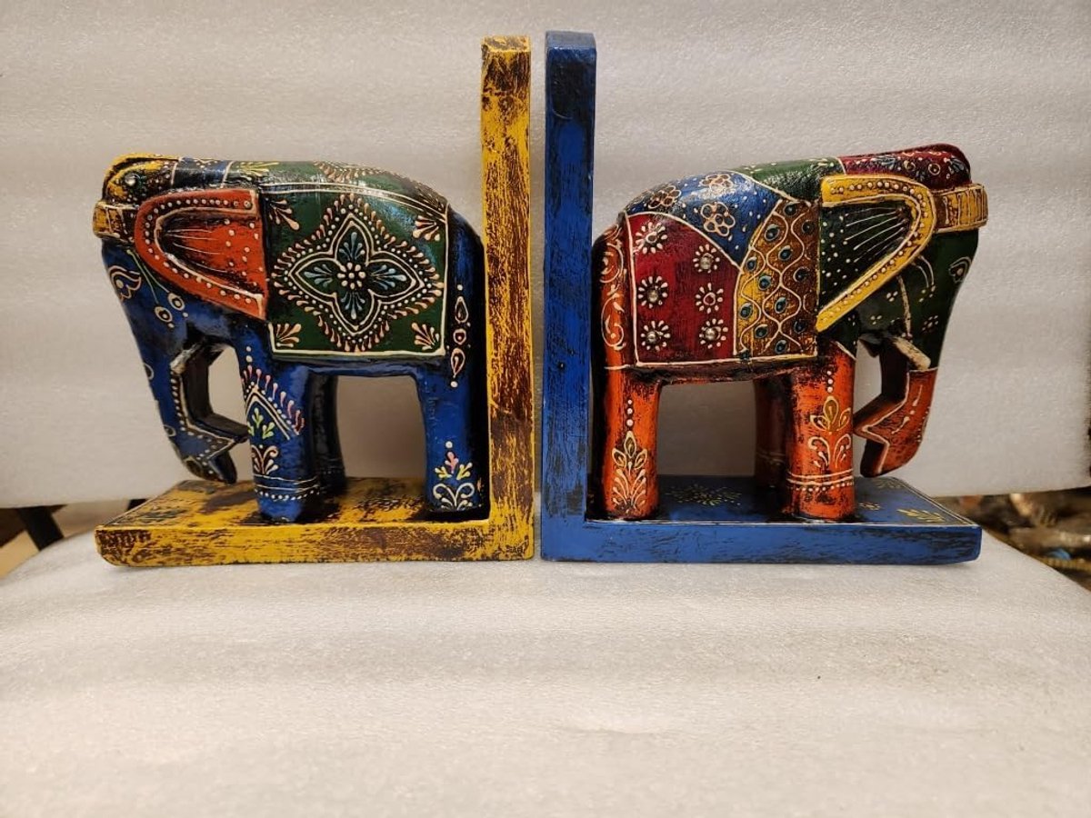Large 9 inch Wooden Book Ends, Mango Wood Elephant Carving Book Ends, Office Decoration, Study Room Decoration, Animal - ShopVlot