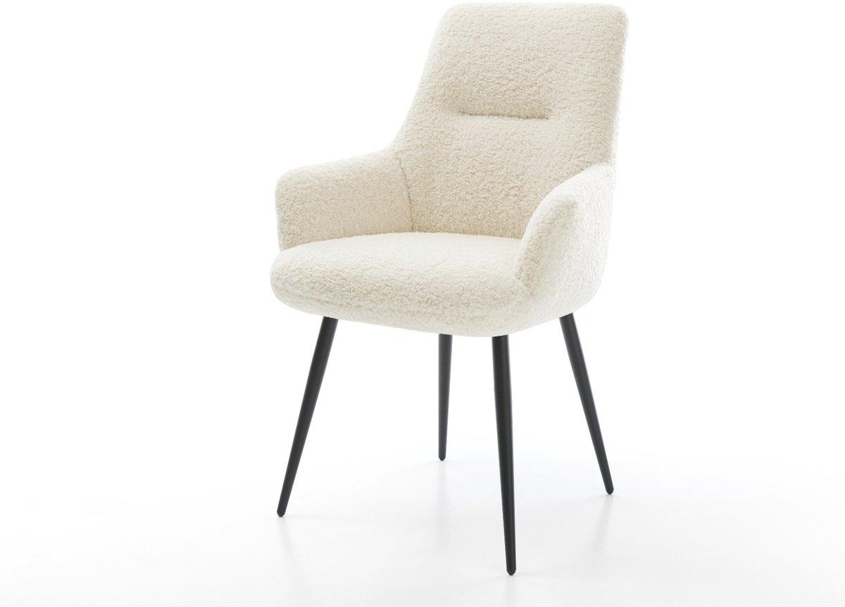 Gestoffeerde-stoel Zelia-Flex met armleuning 4-poot conisch zwart teddy beige pocketveer kern