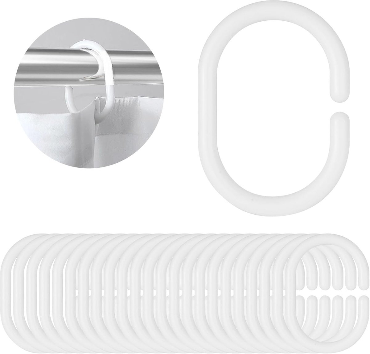 Alaoo Gordijnhaken, set van 24 plastic C-vormige douchegordijnhaken, witte plastic gordijnophangringen voor badkamer - ShopVlot