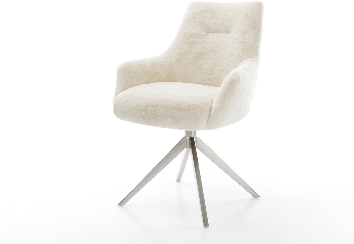 Eetkamerstoel Alja-Flex met armleuning kruisframe breed roestvrij staal pluchen crème-wit 360° draaibaar rocker-functie pocketveer kern