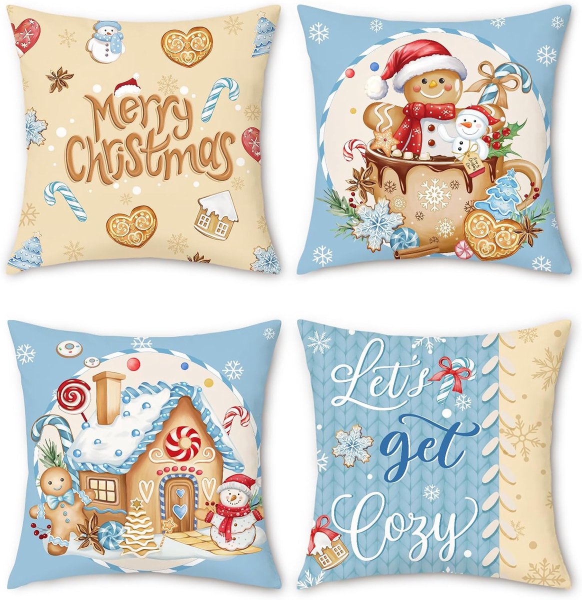 Bonhause Christmas Gingerbread Cushion Covers 45 x 45cm Bakery House Snowflakes Blue Velvet Decorative Pillowcases for - ShopVlot