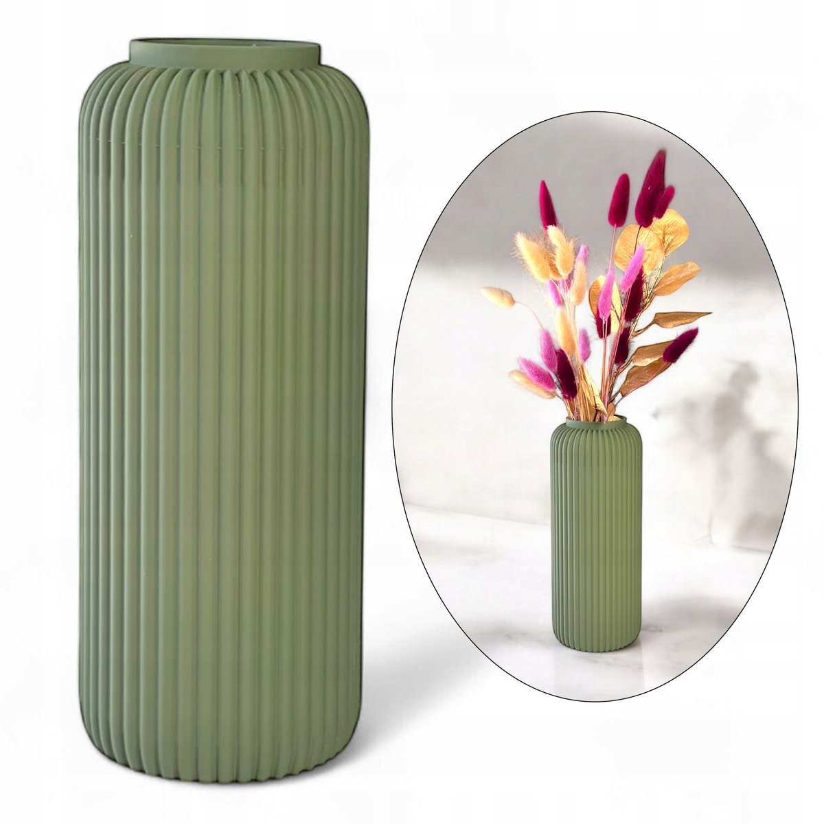 Ongemarkeerde olijfgroene geribbelde vaas 24 cm - Onbreekbaar en stijlvol