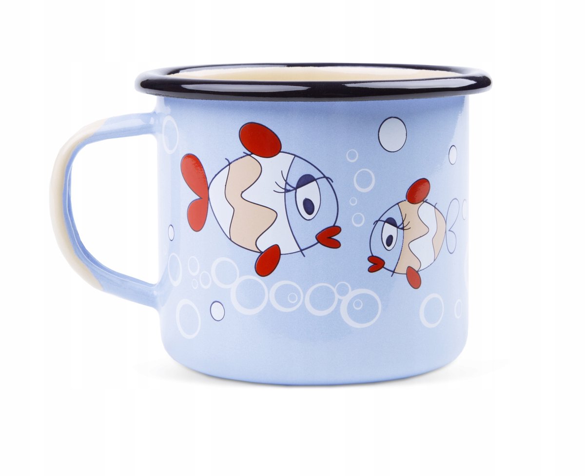 Merkloos Pastelblauw Emaille Mok 350ml met Vissenprint