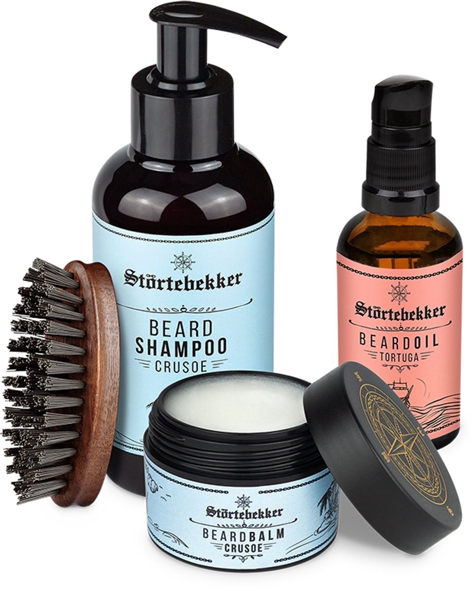 Störtebekker® Anti-Jeuk Baardset Tortuga - Beard Care Set Heren met Exotisch-Kruidige Geur - Baardolie, Baardbalsem, Baardborstel & Baardshampoo - Met Eucalyptus & Aloe Vera - Vegan - Zonder Parabenen & Siliconen - 4-Delige Set