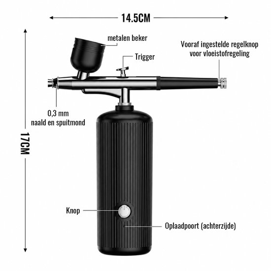 Zwarte draadloze airbrushset met afmetingen 17 cm hoog en 14,5 cm breed.