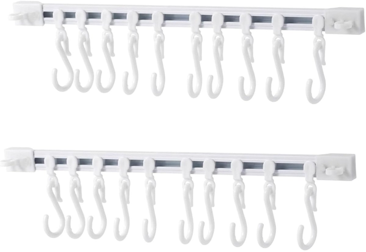 longziming -2 Stuks Zelfklevende Schuifrail met 20 S-Haken – Haken Zonder Boren – Verplaatsbare Hakenrail voor Keuken, Badkamer, Slaapkamer en Kantoor – Kunststof Opbergrail Wit