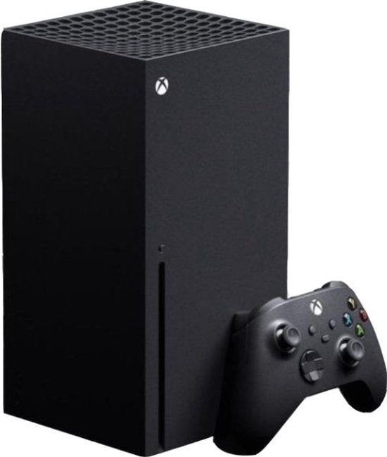 Zwarte Xbox Series X console met een zwarte controller ervoor.