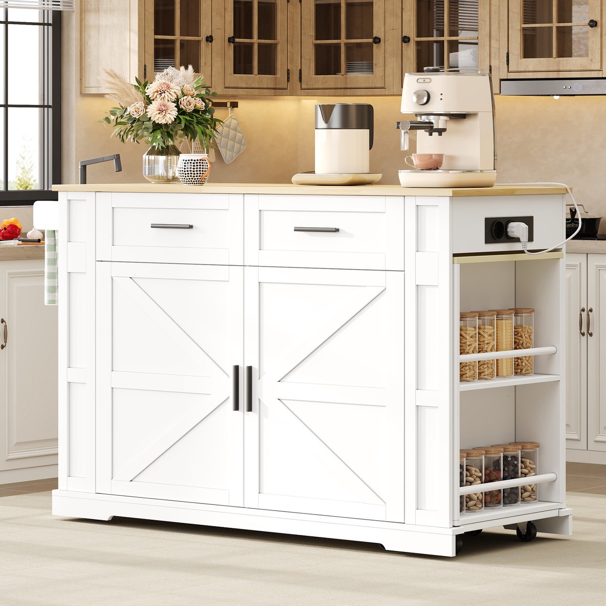 VVBV Keukentrolley 130x50x93 cm - Op Wielen, Werkblad, Opbergruimte, USB-Aansluiting - Naturel/Wit, MDF