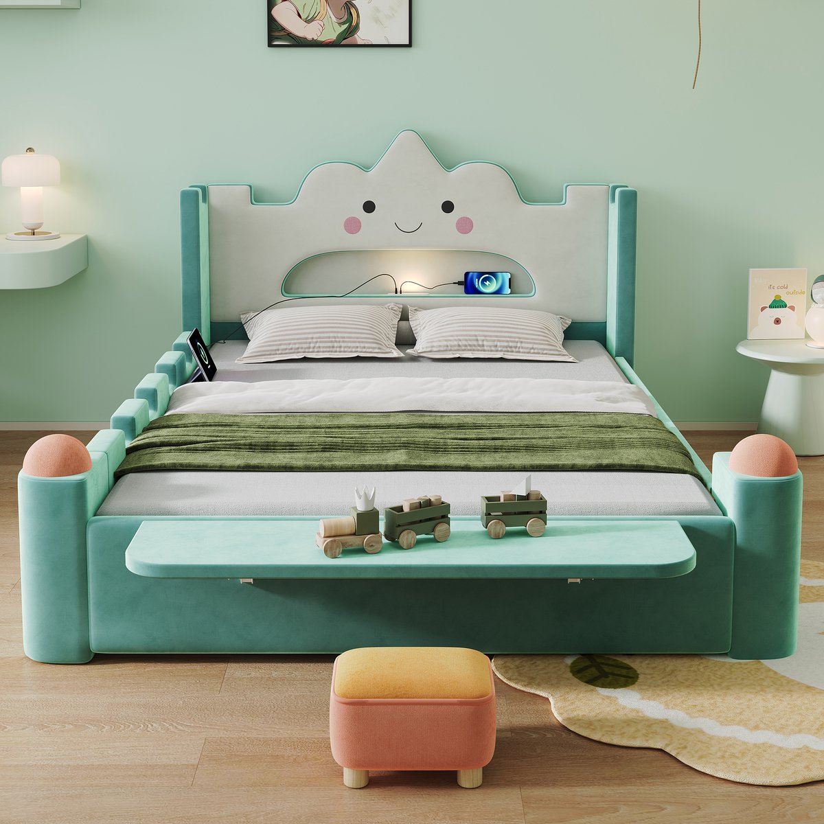 Kinderbed 140x200 cm - wolkenbed met LED-leeslamp en USB-poort - opberglades - opvouwbaar plankje - krukje - blauwgroen