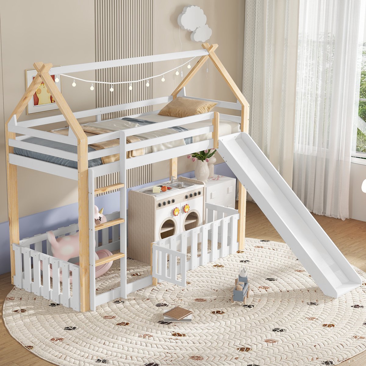 Stapelbed 90x200cm - kinderbed - dakvorm - met glijbaan voor kinderen - met hek - bedbodem en ladder - wit en houtkleur - zonder matras