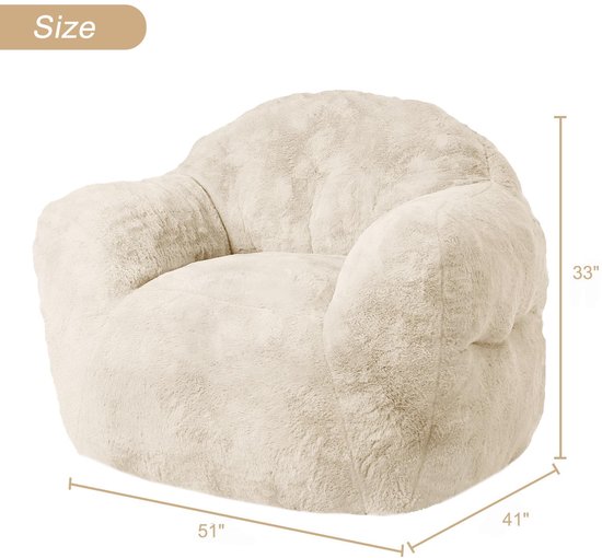 Afmetingen van de crèmekleurige zitzak: 51 inch breed, 41 inch diep en 33 inch hoog.