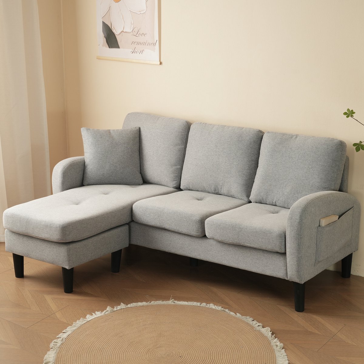 3-Persoons L-förmig hoekbank met Stoellongue - Gestoffeerd Sofa Met Modulair Design - 166x118x77 cm, Grijs