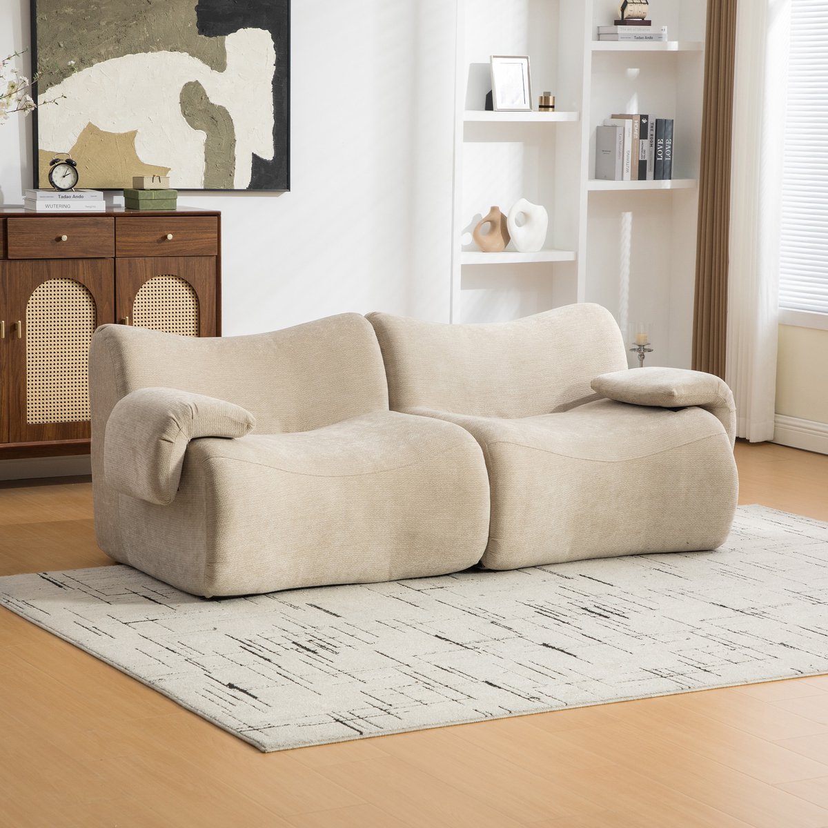 Modulaire Bank - Chenille 2-Zits Lounge Bank Zonder Montage - Zachte Cloud Sofa Met 30D Schuim, Antislip Bodem En Compressieverpakking - Licht Khaki