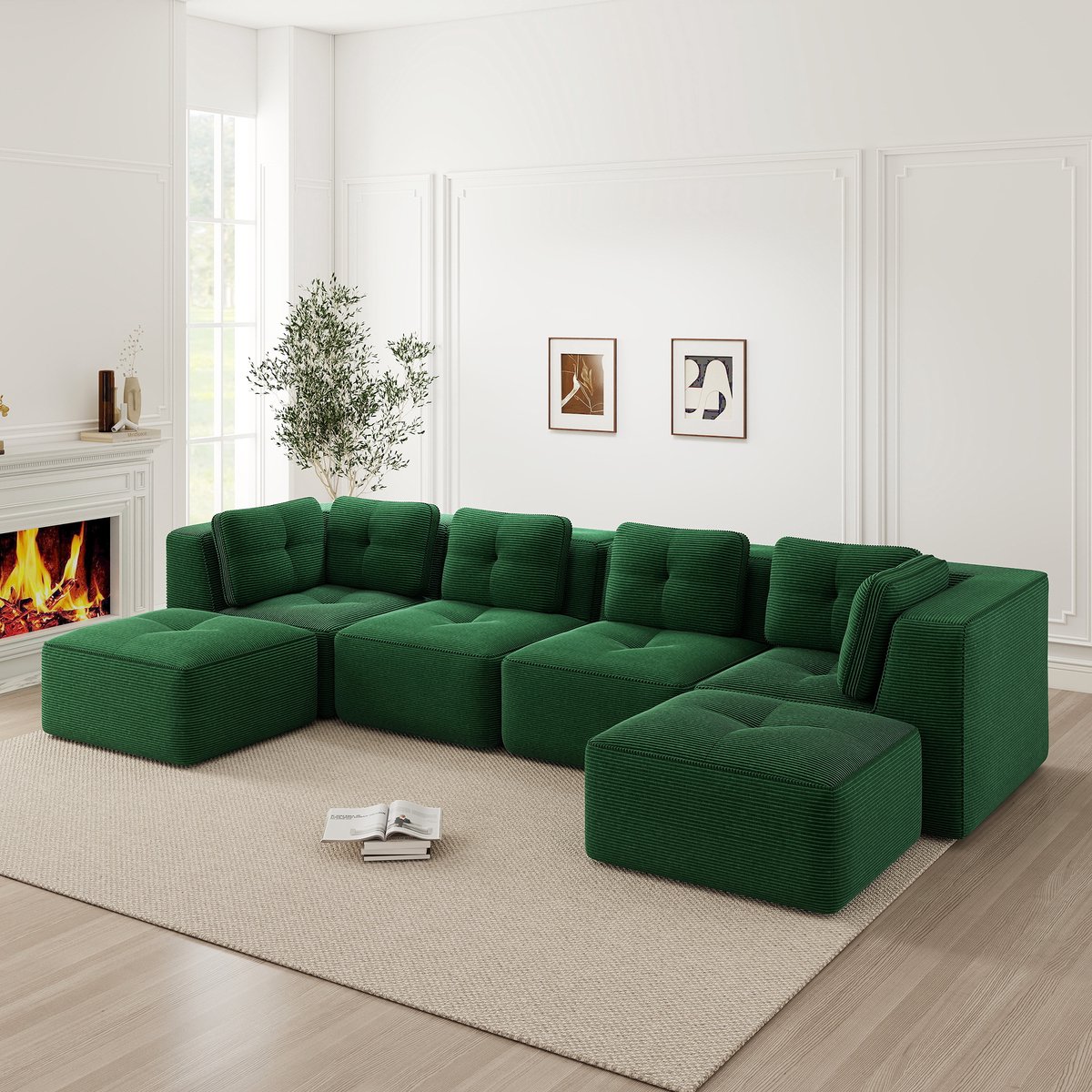 U Bank - Modulaire Hoekbank Met Ribstof Bekleding 4-Zits - Grote U Vormige Lounge Sofa Met Hocker, Diepe Zit En Anti-Slip Bodem - Zachte Bank Zonder Montage Voor Woonkamer - Groen