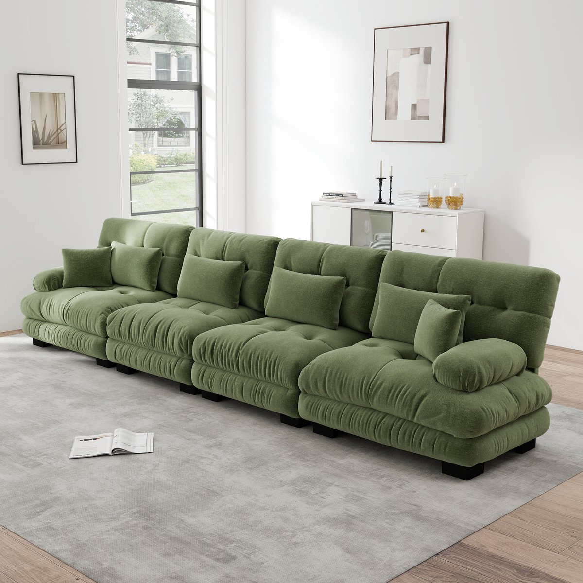 4-zits modulair hoekbank, Gepolstert, Chenille, Comfortabel, voor woonkamer - 406x77x81 cm, Groen