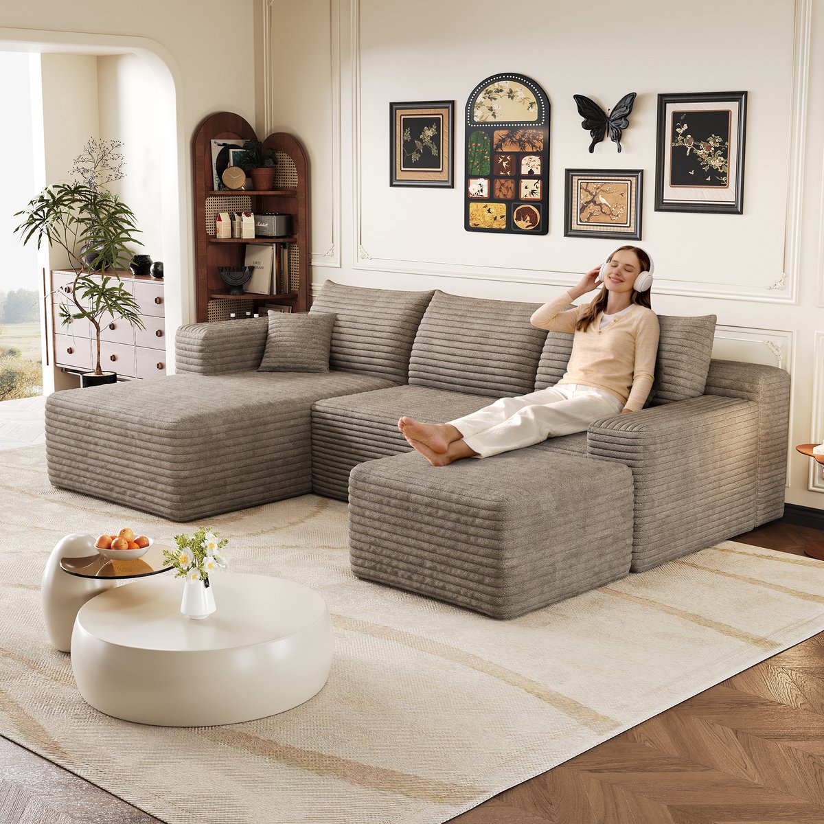 Modulaire Hoekbank 4-Zits - Ribcord Wolkenbank Met Chaise Longue, Diepe Zit En Zachte Kussens - Camel