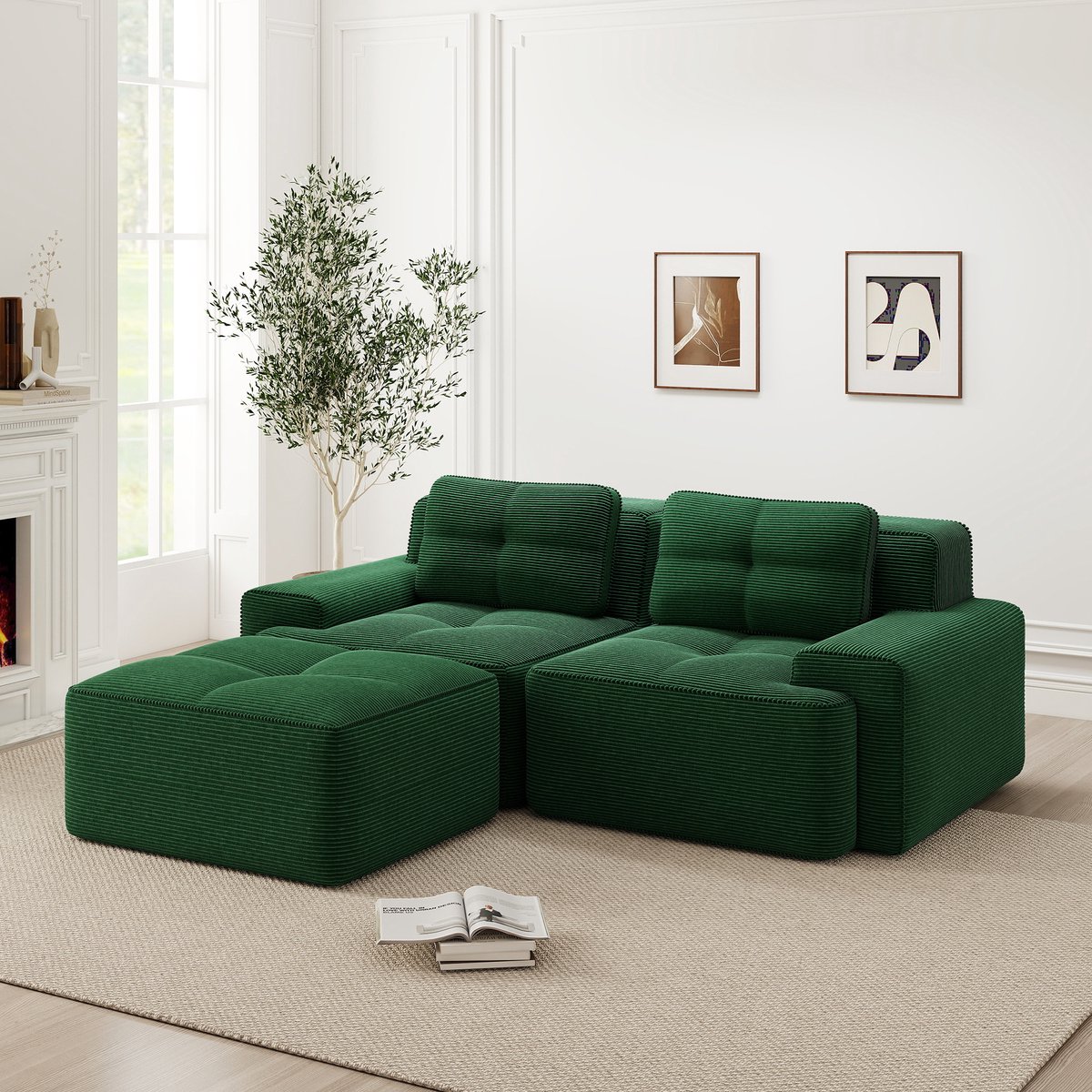 L Vormige Bank - Modulaire Hoekbank 2 Zits Ribstof - Frameloze Cloud Sofa Met Hocker - Zachte Lounge Bank Met Diepe Zit En Hoge Veerkracht Schuim - Slaapbank Zonder Montage Voor Woonkamer - Groen