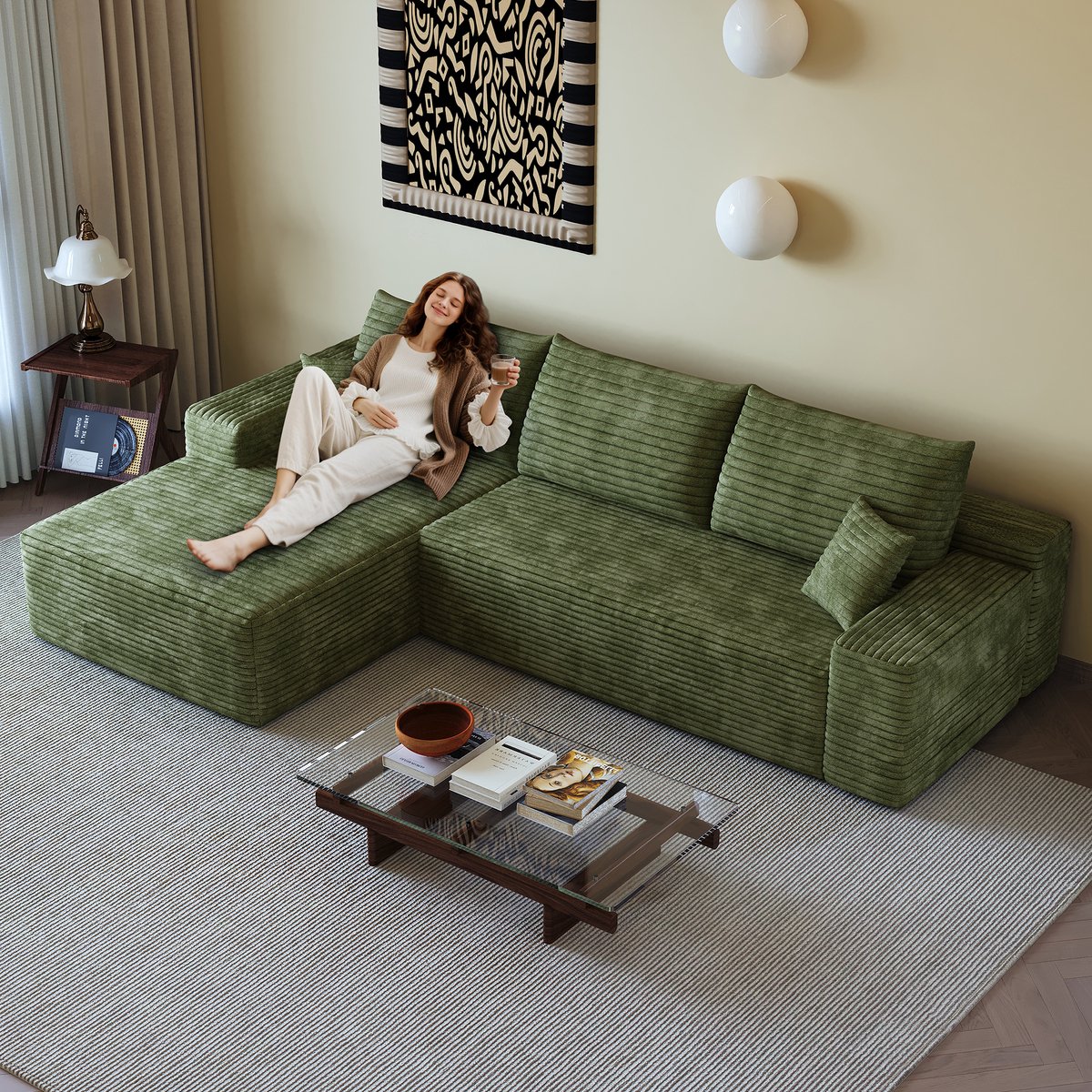 Modulaire 3-Zits Hoekbank - L-vormige Lounge Bank, Frameloos, Diepe Zit, Zachte Ribstof, Groen