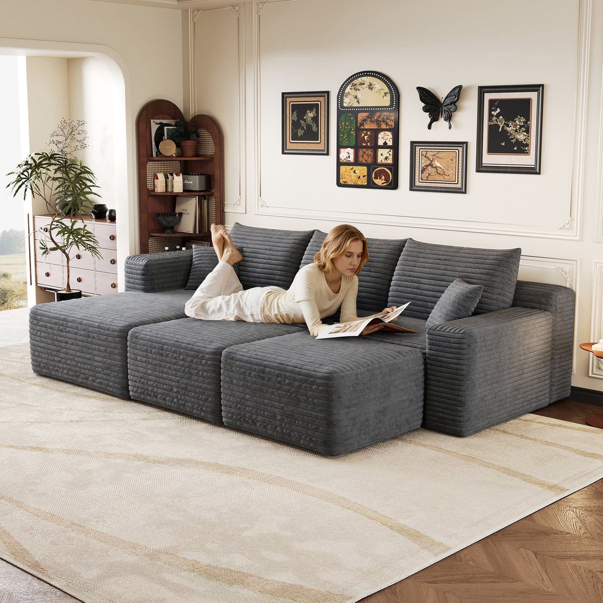 Modulaire Hoekbank - 5-Zits Cloud Bank Met Chaise Longue Ribstof Loungebank Donkergrijs