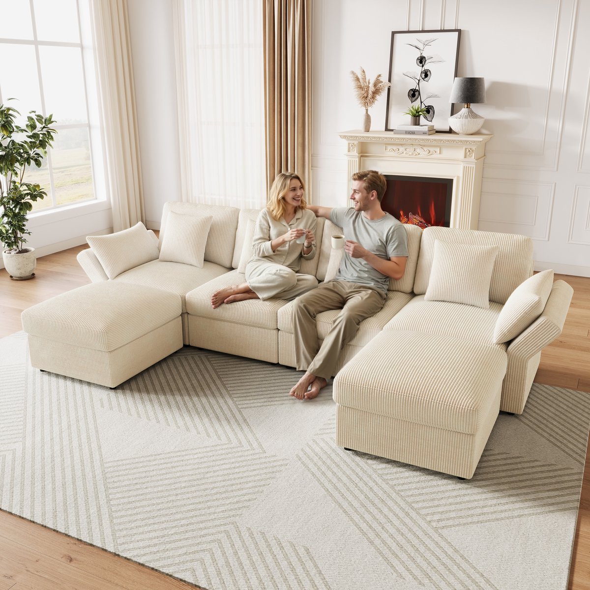 U-Vormige Hoekbank - Modulaire 6-Persoons Sofa - Luxe Corduroy Lounge Bank Met Opbergbare Hockers En Verstelbare Rugsteun - Grote Zitbank Voor Woonkamer En Slaapkamer - Beige