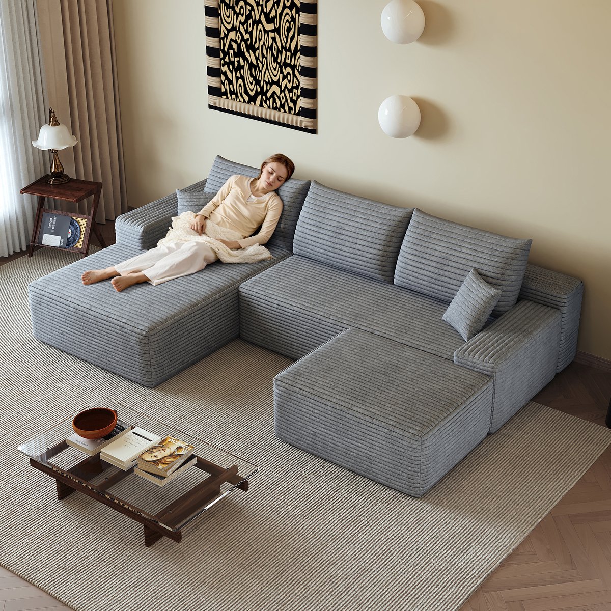 Modulaire Hoekbank - Ribstof Cloud Sofa 4-Zits Met Chaise Longue - Frameloze L-Vormige Lounge Bank Met Diepe Zit Zonder Montage Voor Woonkamer Grijs