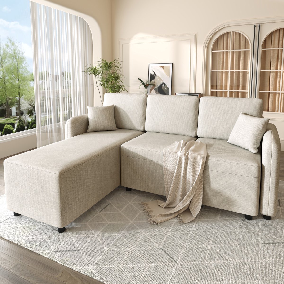 Beige L-Form hoekbank met Lange Liegefläche - Elegante Keuze voor Woonkamer en Studentenwoning - 187.5x144x85.5 cm, Lichtbeige