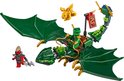 Groene LEGO draak met groene ninja, rode krijger en goudkleurig draakje.