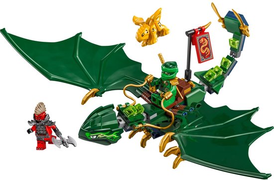 Groene LEGO draak met groene ninja, rode krijger en goudkleurig draakje.