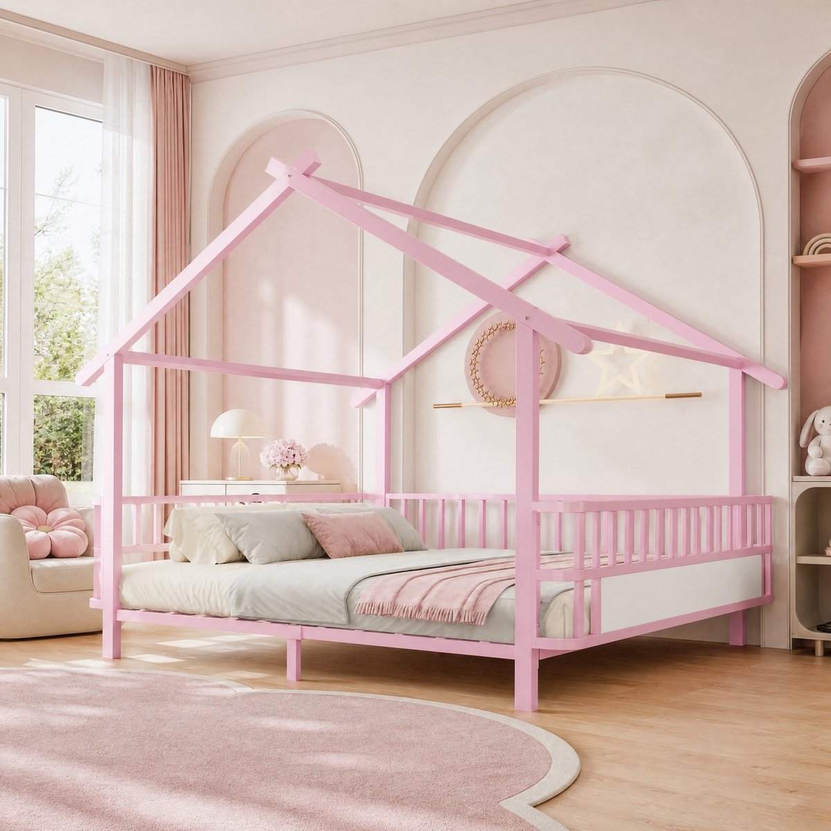 DESMIU Kinderbed 140x200 cm – Zonder matras – Huisvormig metalen bed met veiligheidshekje – Speelse dakconstructie – Voor kinderkamer – Metaal – Roze