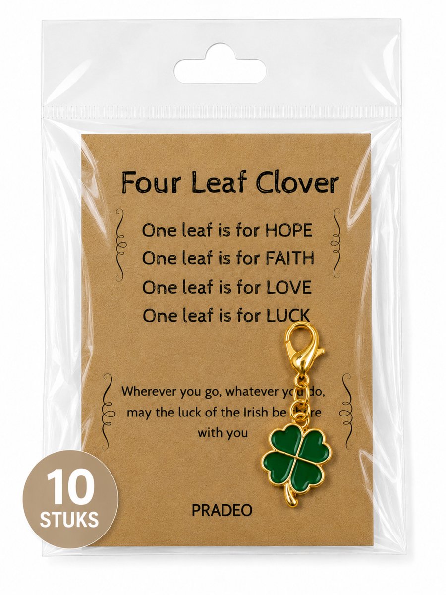 Pradeo - Klavertje Vier Sleutelhanger - Hangertje - Klavertje 4 - Four Leaf Clover - Key Chain - Pocket Hug - Geluk - Klein Geschenk - Bedankt Cadeautje - Familie, Vrienden, Collega of Meester & Juf - Met Kaartje Met Tekst - Groen - 10 Stuks