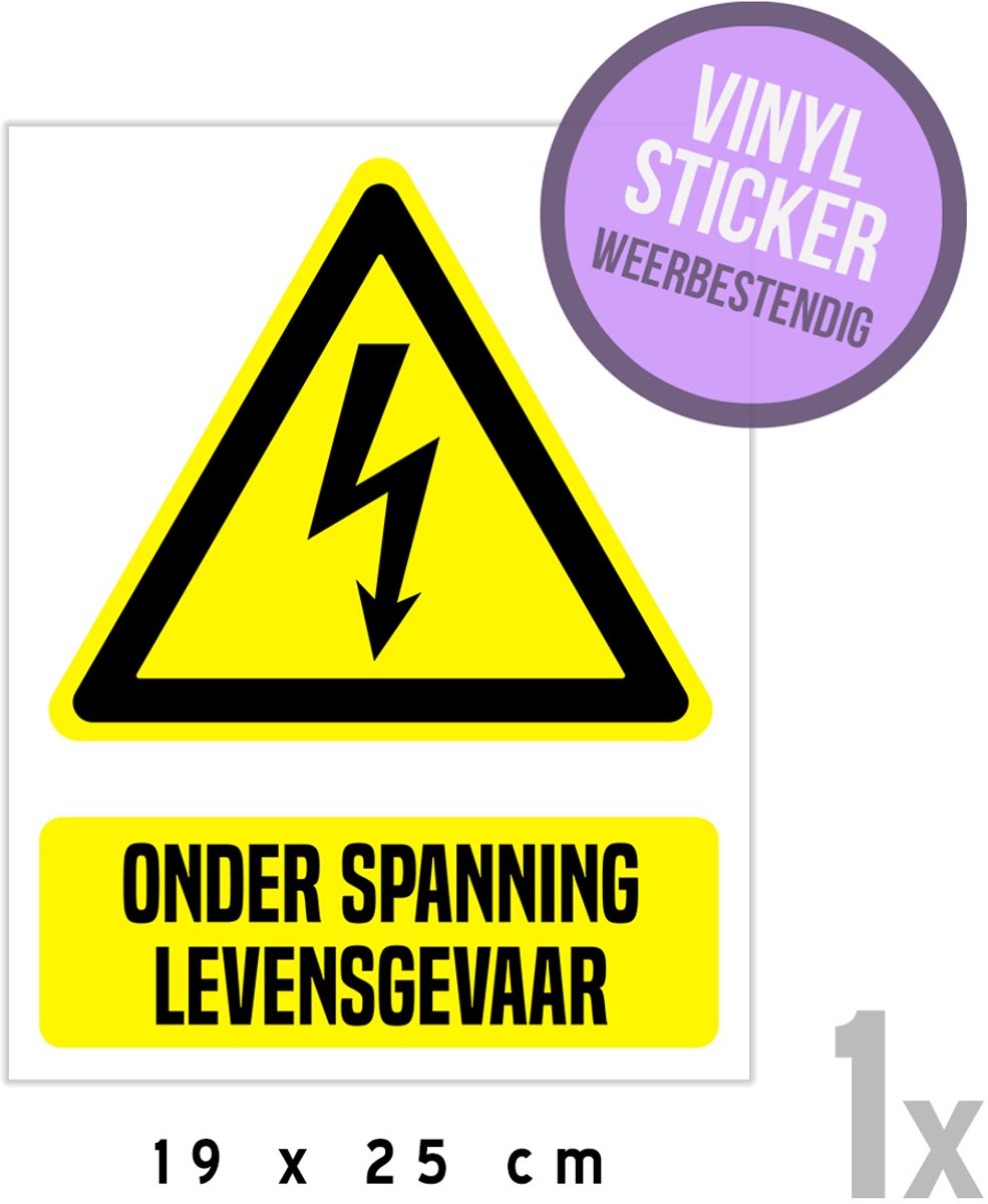 Pictogram/ vinyl sticker | "Onder spanning - Levensgevaar" | 19 x 25 cm | Wit/ geel | Elektrocutie | Elektriciteit | Gevaar | Let op | Opgelet | Hoogwaardige zelfklever | Watervast | Wassalon | 1 stuk