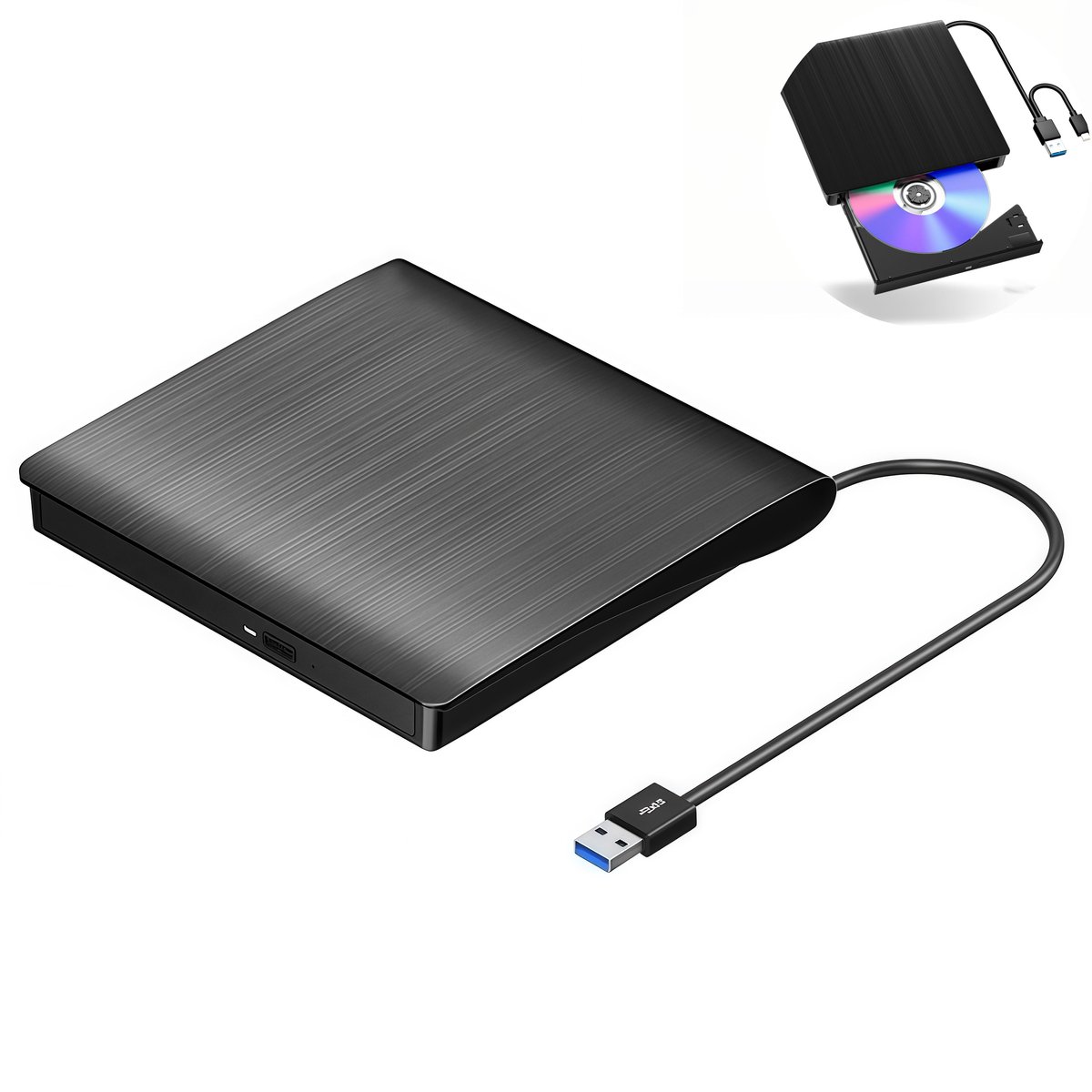 1 stuk - externe dvd brander - usb 3.0 draagbare cd/dvd rw drive - optische schijflezer - geborsteld oppervlak - dubbele kabel - laptops, desktop computers, windows & mac systemen - zwart