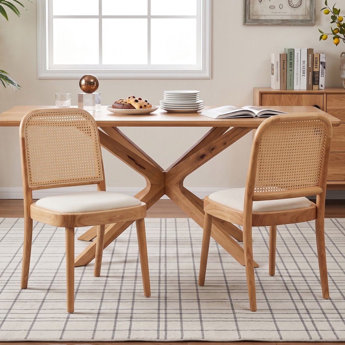 Pugsdrly 2 eetkamerstoelen van massief hout met rotan rugleuningen, comfortabel en ademend, geschikt voor eetkamers, woonkamers, cafés, moderne stijl, linnen, houtkleur,zonder tafel