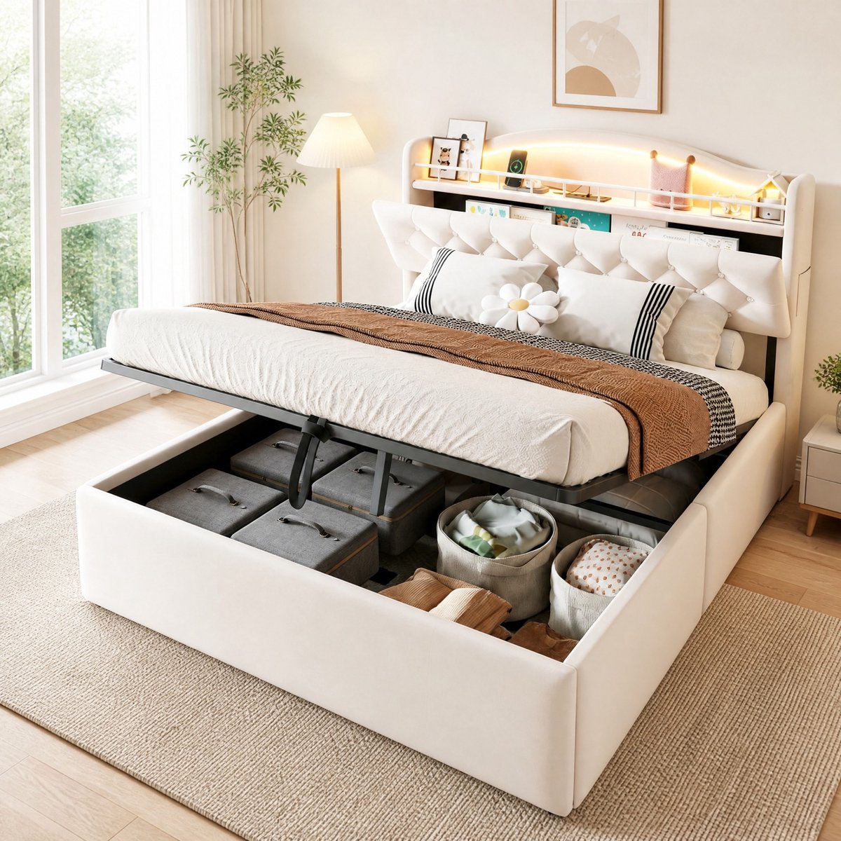 STILVORA Normaal Bed 140 x 200 cm Zonder Matras – Hydraulische Opbergruimte – LED Verlichting En Usb Aansluitingen – Met Hoofdbord Opbergruimte – Volwassenen – Stof En Metaal – Beige