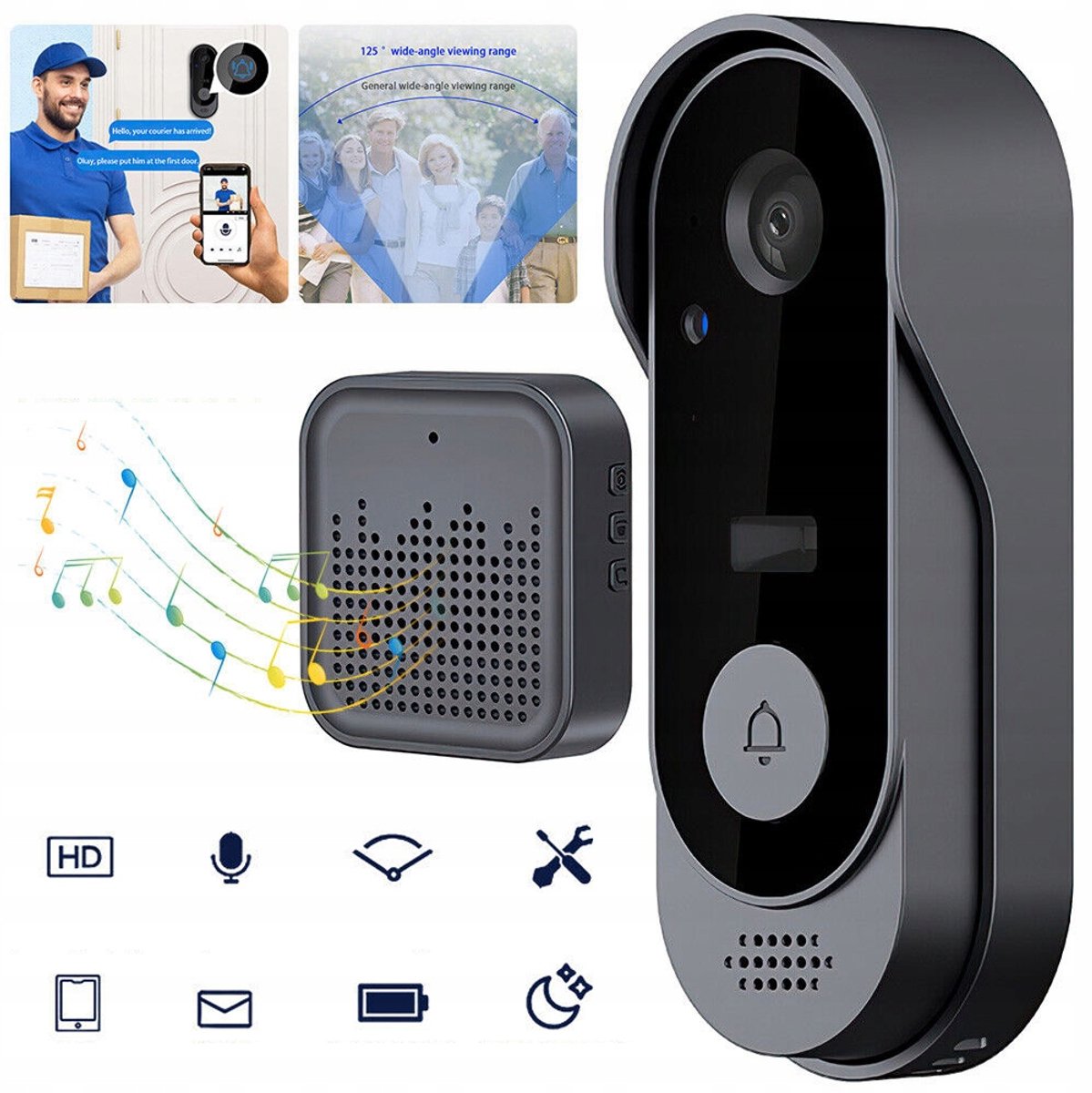 Slimme Draadloze wifi-Deurbel Camera - 125° Groothoek Nachtzicht Tweewegs Audio IP65 Waterdicht 1000mAh Batterij - Voor Huisbeveiliging - Zwart