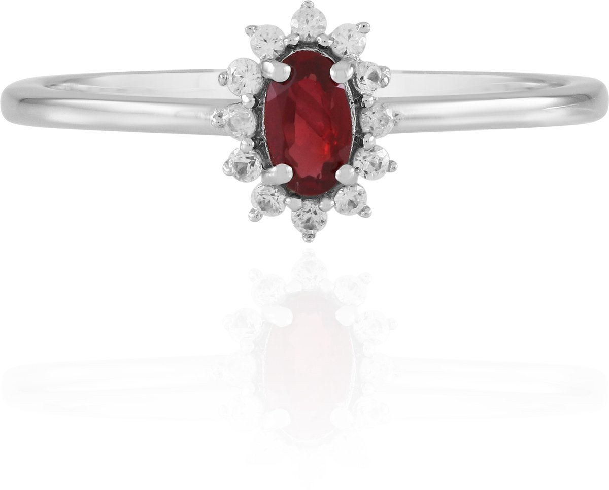 Cavill - Zilveren Ring - 925 Sterling Zilver met Platina Afwerking - 0,236 ct Tanzaniaanse Ovale Robijn & 12 Briljantgeslepen Zirkonen