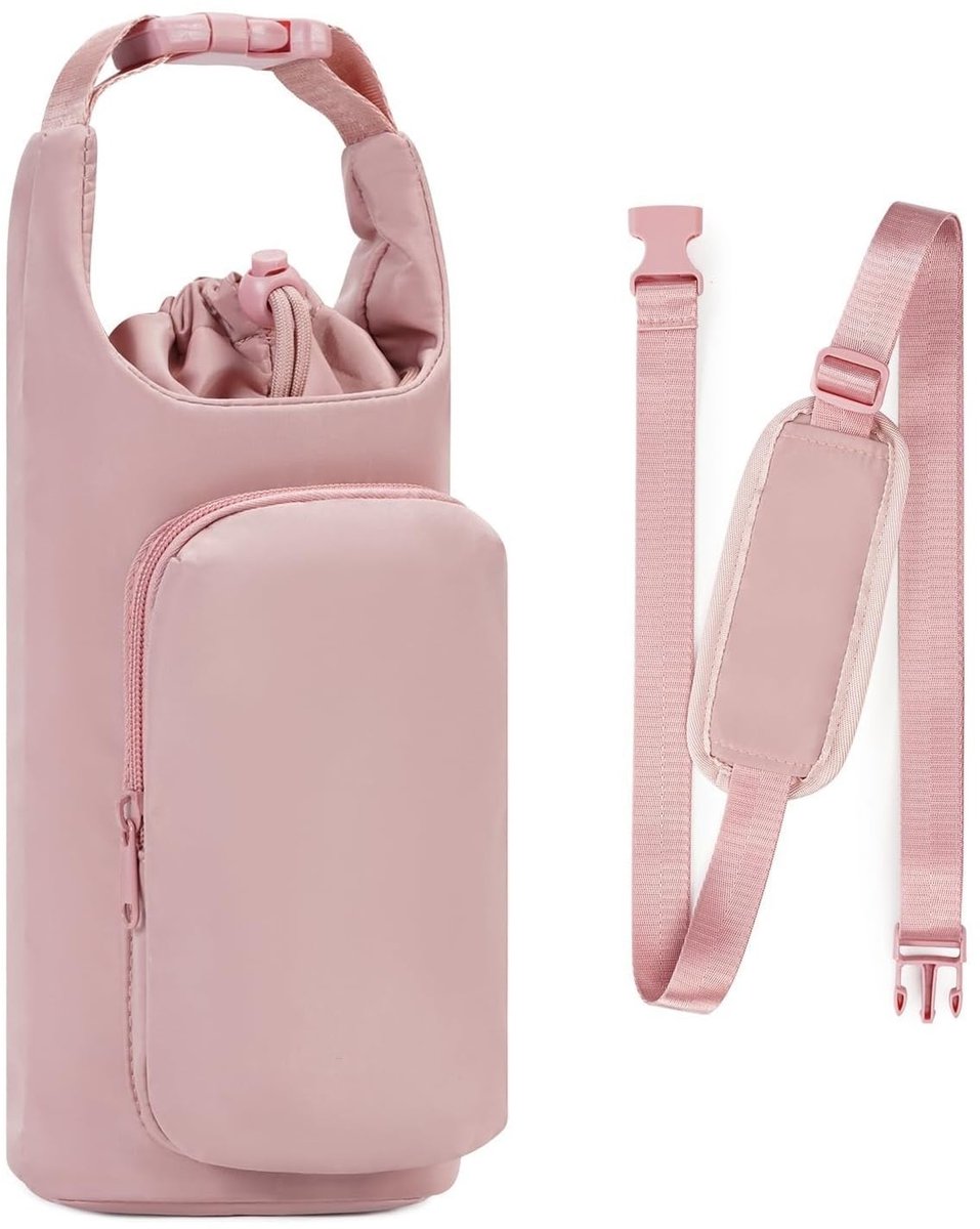 Geïsoleerde Waterfles Tas met Schouderriem - Drinkfles Houder met Telefoonvak - Draagbare Flessentas voor Wandelen, Reizen, Kantoor en Outdoor Gebruik - Roze