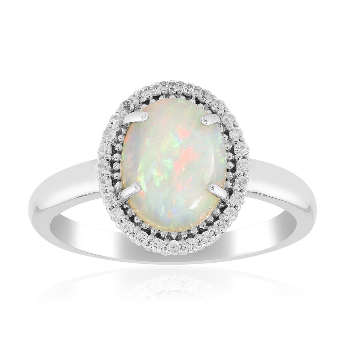 Cavill - Elegante Opaal Ring 1,074 ct - 925 Sterling Zilver Platina Verguld - 28 Zirkonia Rond - Ovale Australische Cabochon