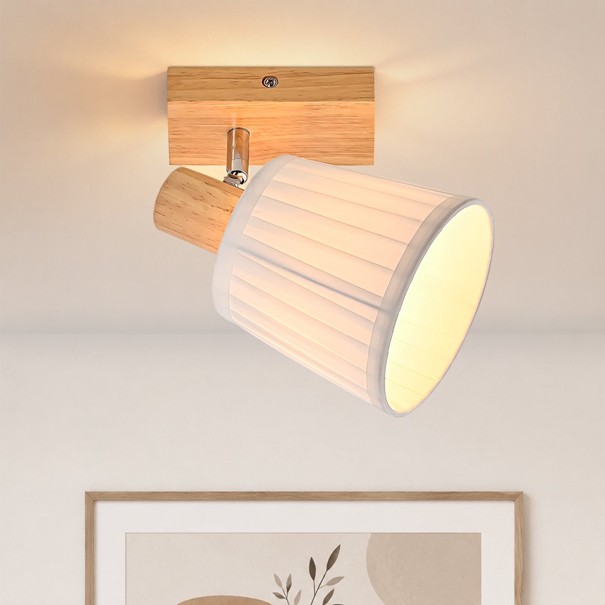NETTLIFE 1-Flammige Plafondspot met Hout & Stoffen Kap - E14 | 350° Draaibaar | Vintage Boho Design | Geschikt voor Woonkamer Slaapkamer & Keuken - Zonder Lampen | Max. 25W
