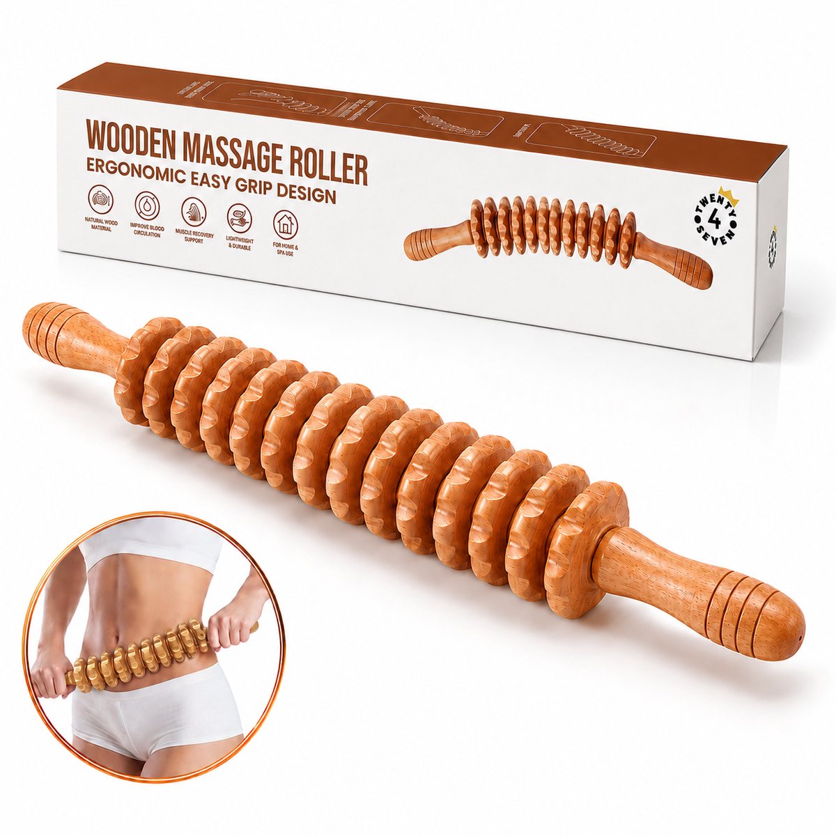 Twenty4seven® Houten Massage Roller & Stok - 12 Rollers - Anti Cellulite Apparaat voor Benen, Rug & Buik - Zelfmassage
