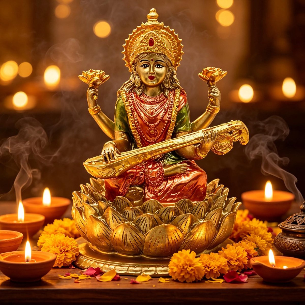 Solidchoice - Saraswati Standbeeld op Lotus voor Kennis en Kunst
