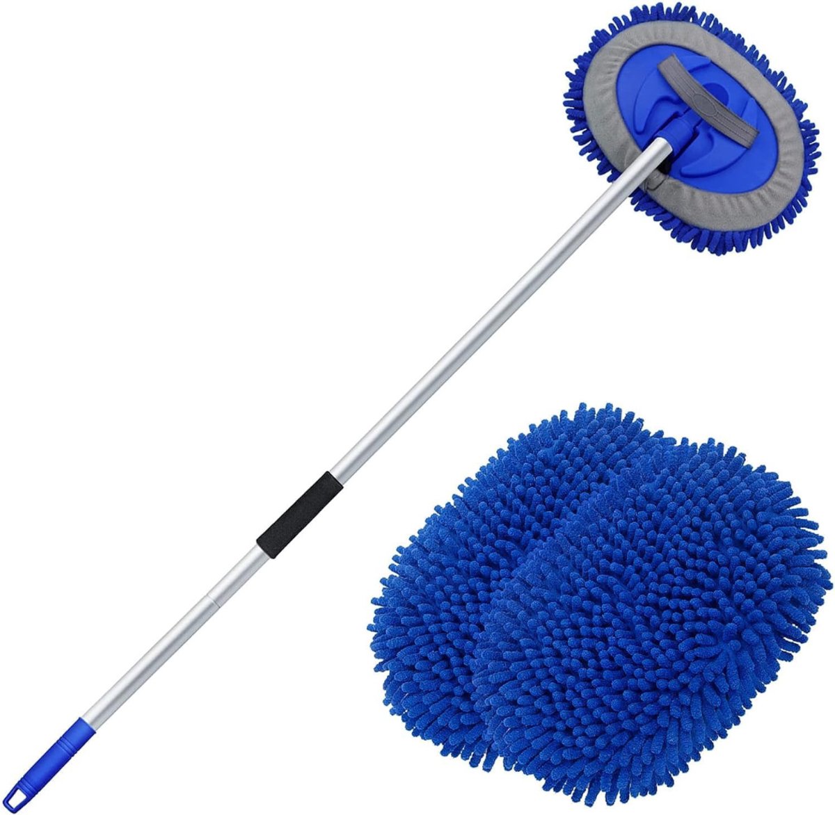 QUOVO® Autowasborstel, autowasborstel met telescopische steel, 160 cm autowasmop, lange steel, multifunctionele autoreinigingsborstel voor auto's, campers, vrachtwagens, ramen (180° draaibare kop) - Blauw - 30cm x 20cm x 158cm