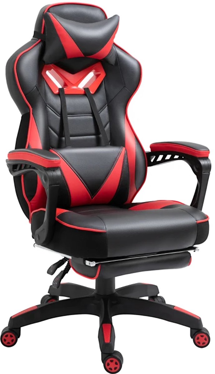 Ergonomische Gamingstoel met Uitschuifbare Voetensteun - 170° Verstelbare Rugleuning - 360° Draaibaar - In Hoogte Verstelbaar - Relaxfauteuil - Bureaustoel - Directiestoel - Computerstoel - Zwart + Rood