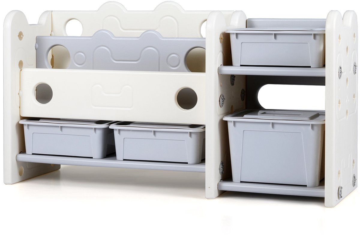 COSTWAY 2-in-1 boekenrek voor kinderen met speelgoedrek, 2-traps kinderrek met 4 opbergdozen, kinderboekenkast Montessori in kattenvorm, speelgoedorganizer voor kinderkamer, kleuterschool