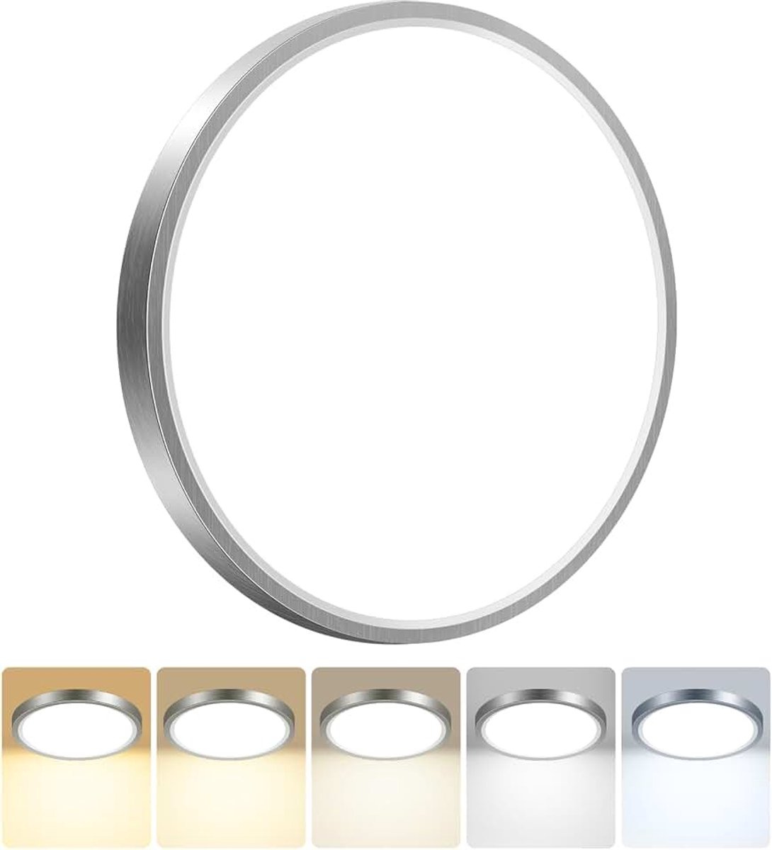 Deckenlampe LED Deckenleuchte Flach,5Farben-3000/3500/4000/5000/6500K,IP54 Wasserfest Badezimmer Lampe Decke,18W Modern Rund Lampe für bad flur schlafzimmer keller Wohnzimmer,22 * 1.6cm,Nickel