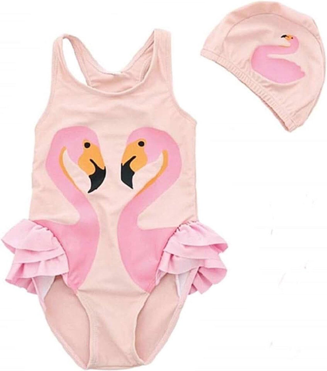 Meisjeskostuum - eendelig - badmuts - zwembad - roze - badkleding