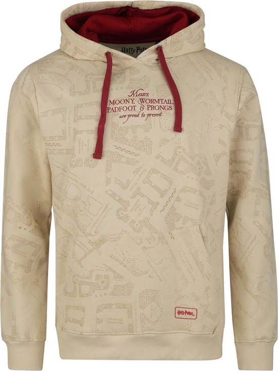 Off-white hoodie met bordeauxrode trekkoorden, een all-over print van de Marauder's Map en een Harry Potter-logo.