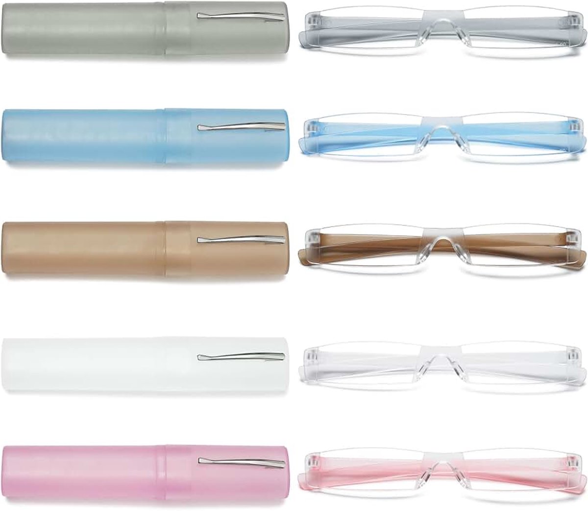 Randloze leesbril met etui, voor dames en heren, mini-leeshulp, zichthulp, zonder frame, 5-delige set